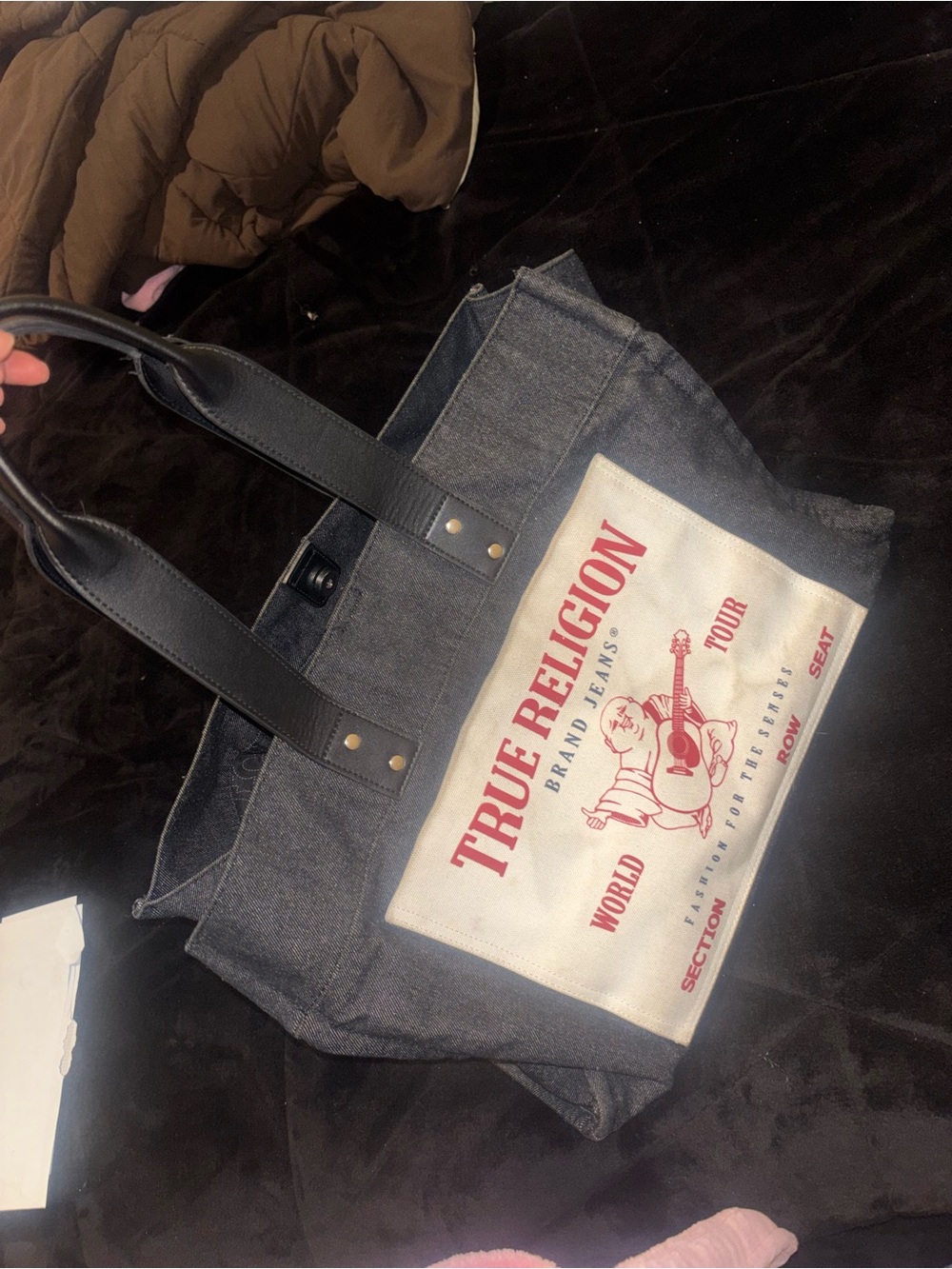 True Religion Gray Canvas Tote with White Front Panel and Red Logo